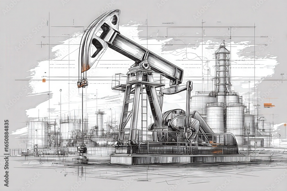 An oil rig stands prominently with intricate machinery in the foreground, surrounded by large industrial structures. The backdrop features a dusky sky, highlighting the operational setting.