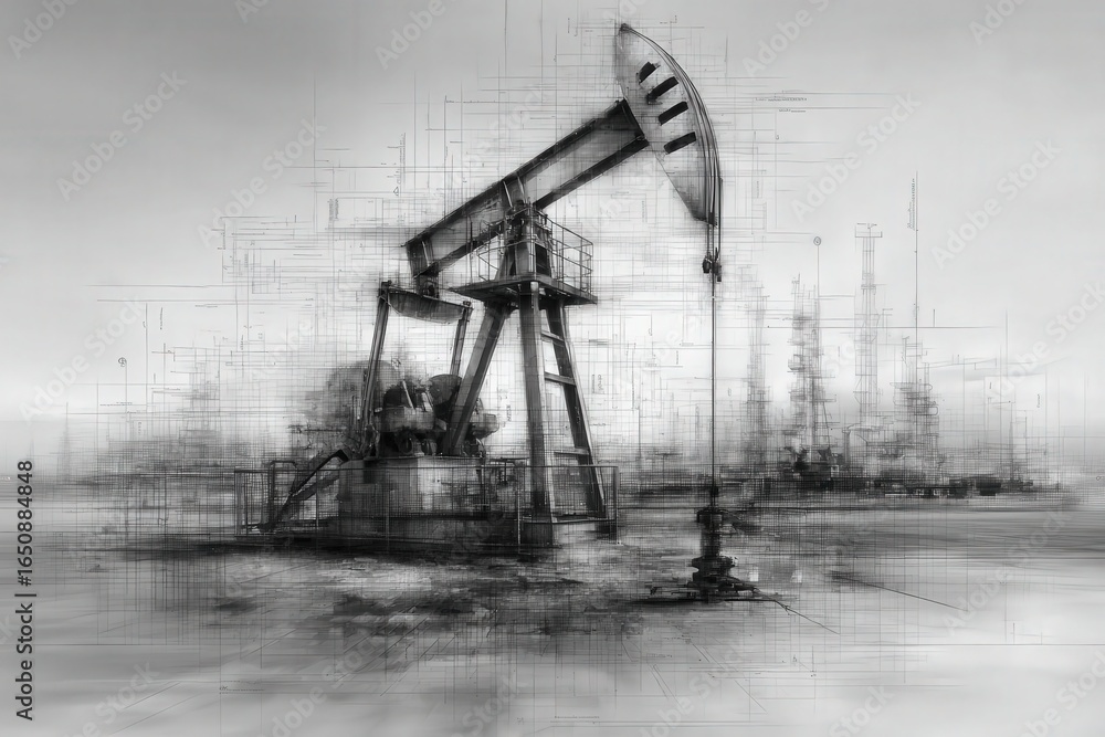 An oil pump jack stands prominently in a desolate industrial area, surrounded by fog. The machinery works silently, extracting resources amidst towering structures in the background.