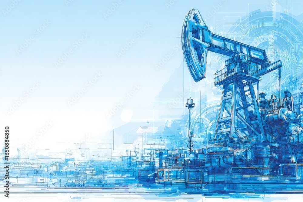 An oil pump jack stands prominently in a tech-inspired landscape, showcasing intricate details and a calming blue palette. The sunlight casts a soft glow, enhancing the modern industrial scene.