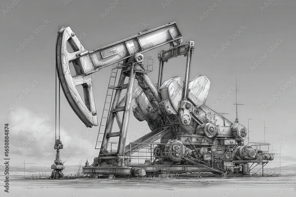 A large oil drilling rig stands prominently in a barren landscape under cloudy skies. The machinery is actively engaged in extracting oil, with industrial components visible.
