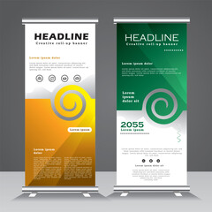 Wall Mural - Modern business Roll Up banner template, Standee Design template, vertical banner template with green and yellow color. Presentation and Brochure Flyer. Vector eps 10