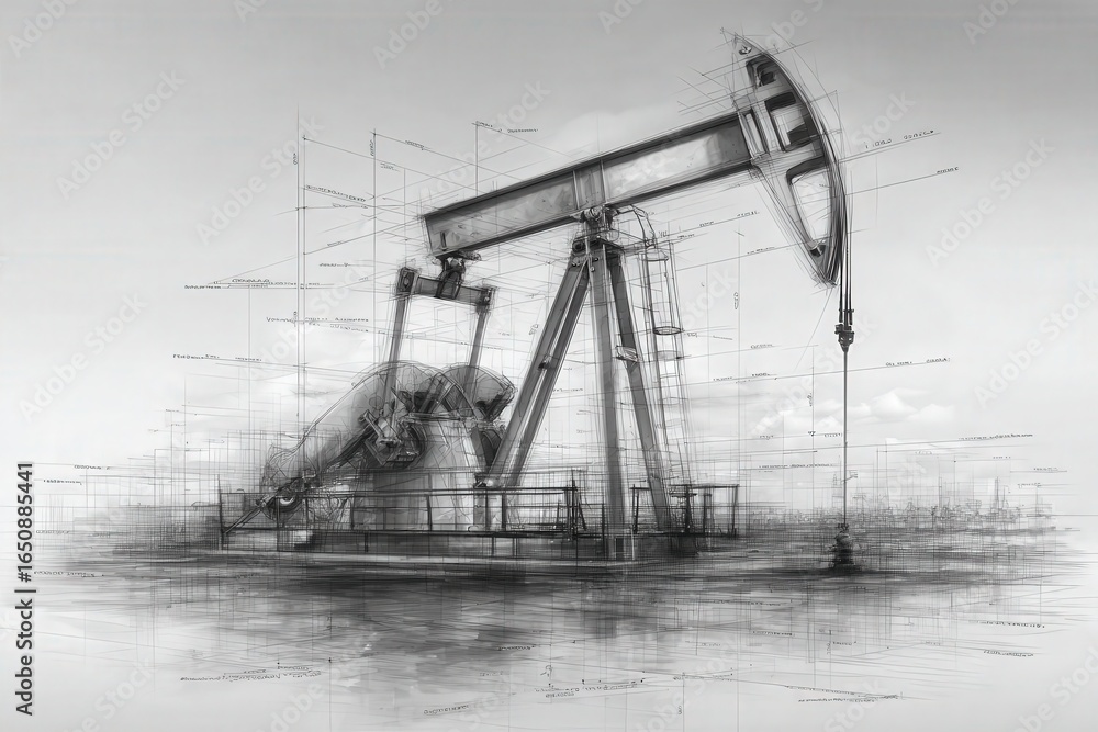 A detailed sketch of an oil rig showcases its mechanical structure and engineering elements.