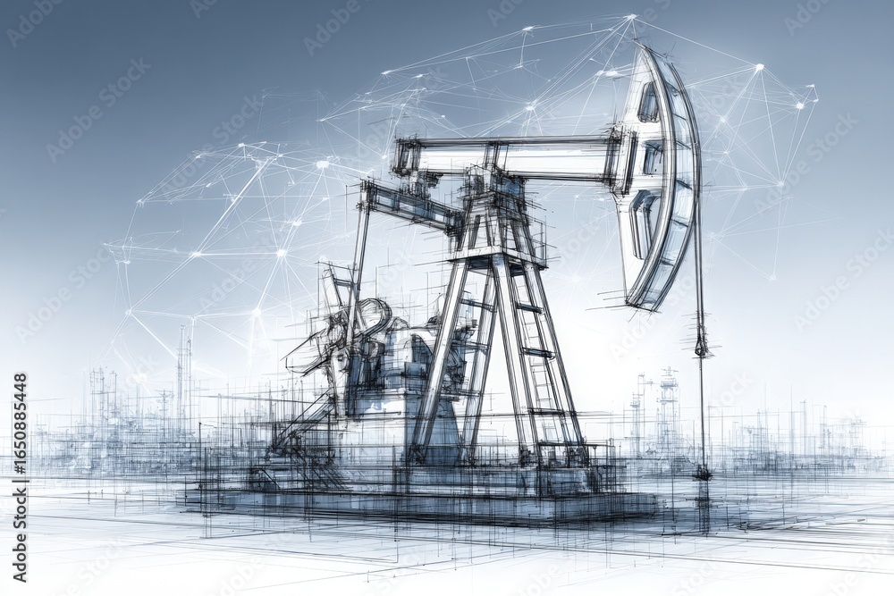 An oil pump jack stands prominently in a stylized, futuristic setting, surrounded by digital lines and patterns.