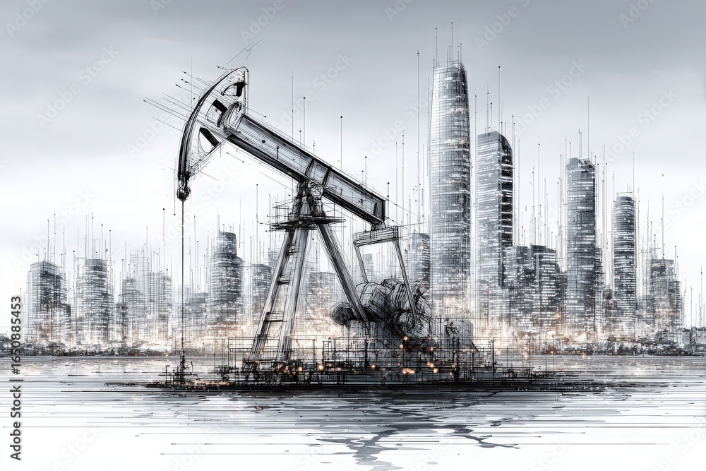 A large oil pump jack stands in the foreground, surrounded by water. A modern city skyline with tall skyscrapers looms in the background, showcasing a blend of industry and urban life.