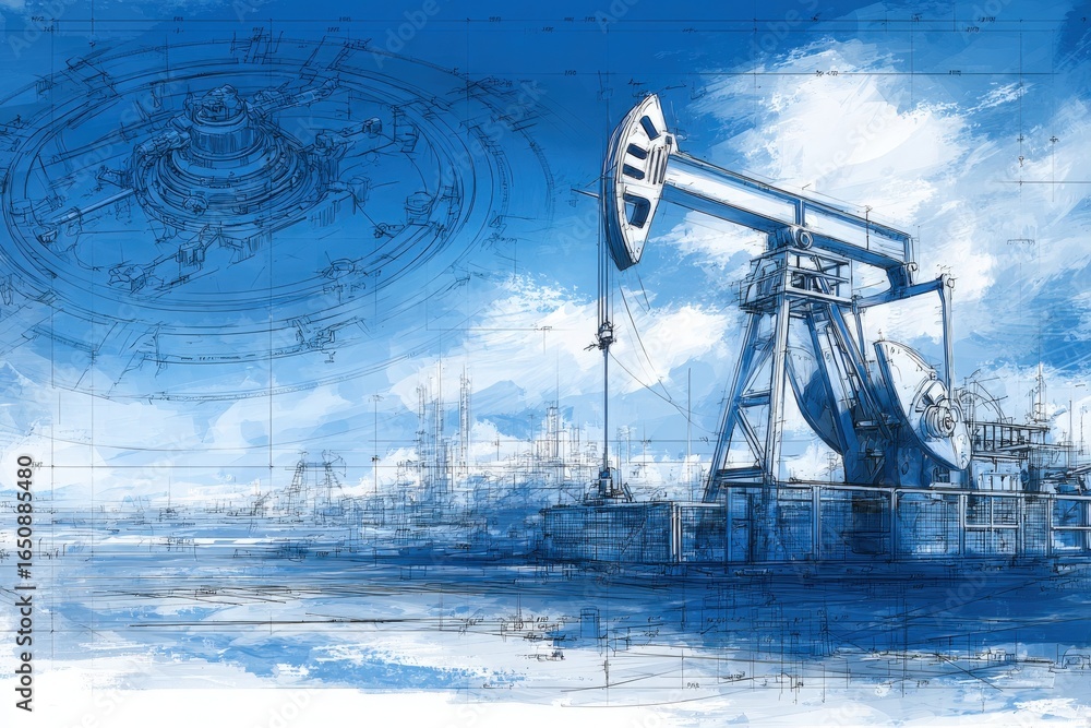 Detailed sketches of oil extraction equipment are shown against a vibrant blue backdrop, showcasing engineering design elements and the intricacies of the oil industry.