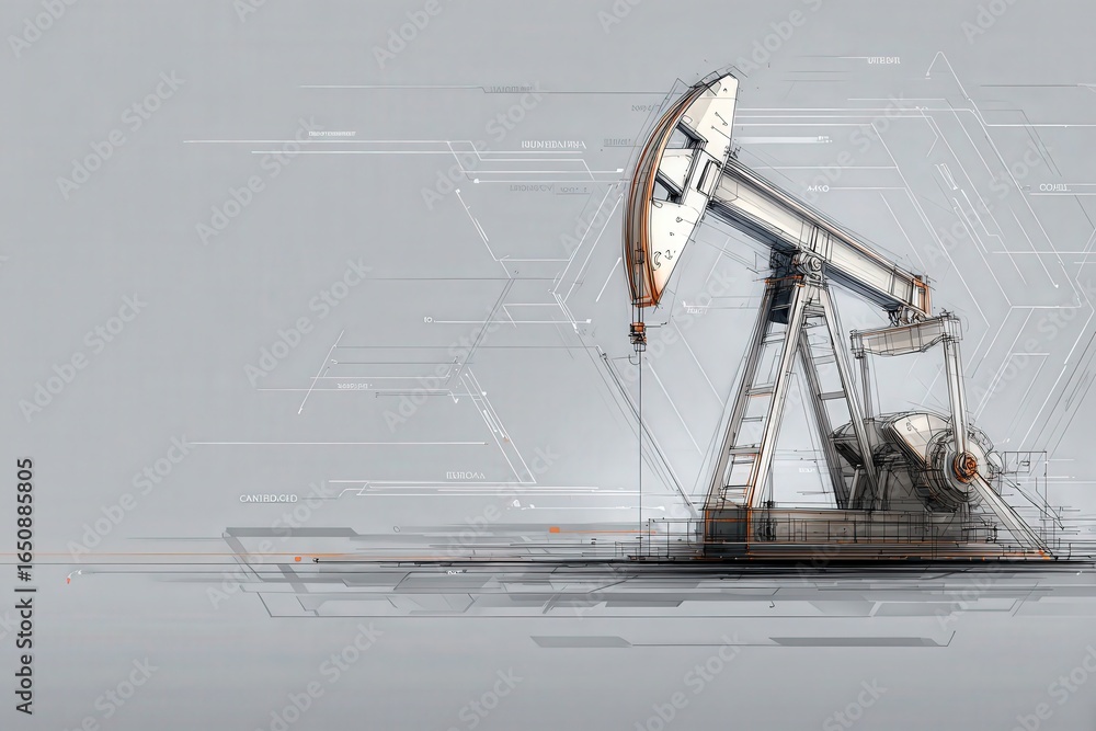 An oil pump jack is depicted in a detailed, technical illustration showcasing its structure and function. The background features abstract, modern design elements emphasizing the energy industry.