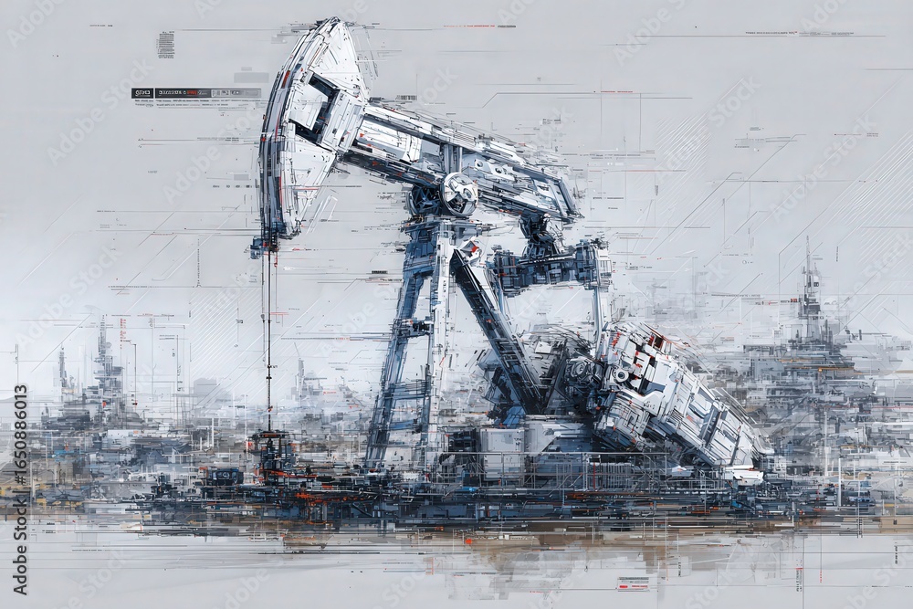 An advanced oil pump jack extracts resources in a stylized digital environment filled with abstract designs. The setting merges technology and industry, highlighting innovation and energy production.