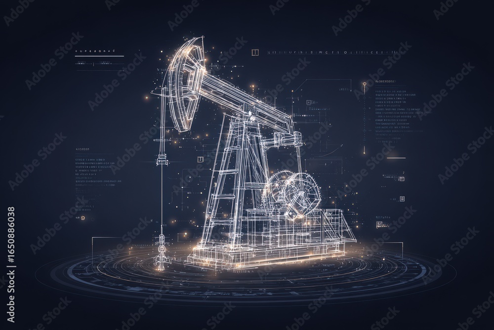 A futuristic representation of an oil pumpjack is showcased in a digital environment. The structure is surrounded by technical annotations and glowing lines, emphasizing its mechanical components.