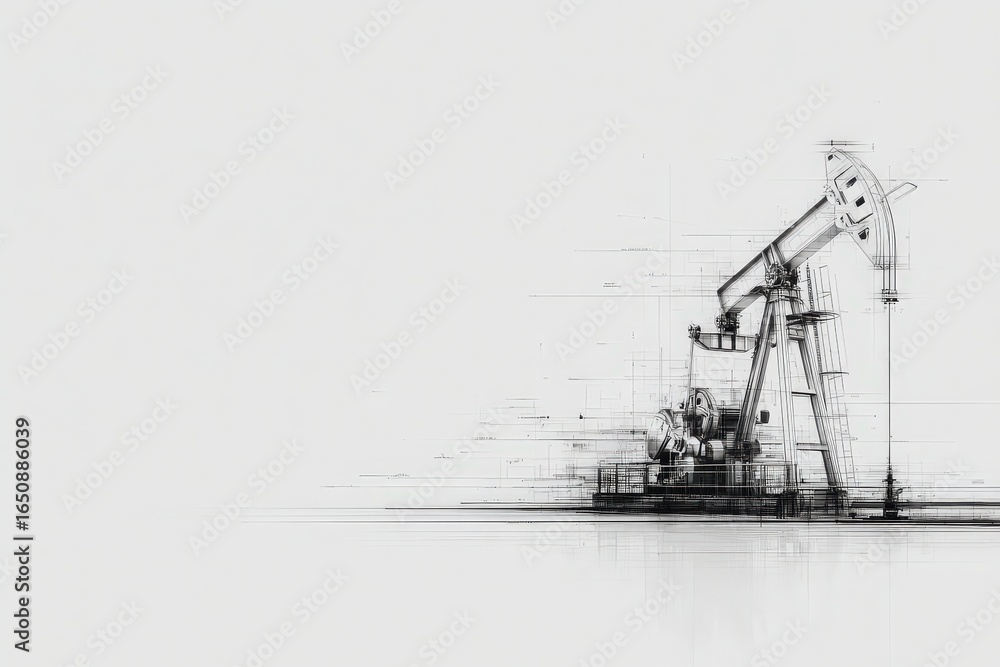 A pump jack stands alone in a barren landscape, surrounded by an empty expanse.
