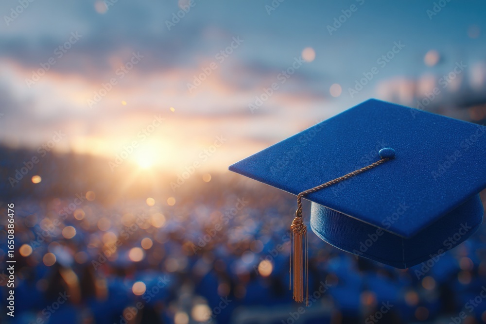 A blue graduation cap with a tassel is prominently displayed in the foreground. In the background, a crowd of graduates celebrates as the sun sets, casting a warm glow over the event.