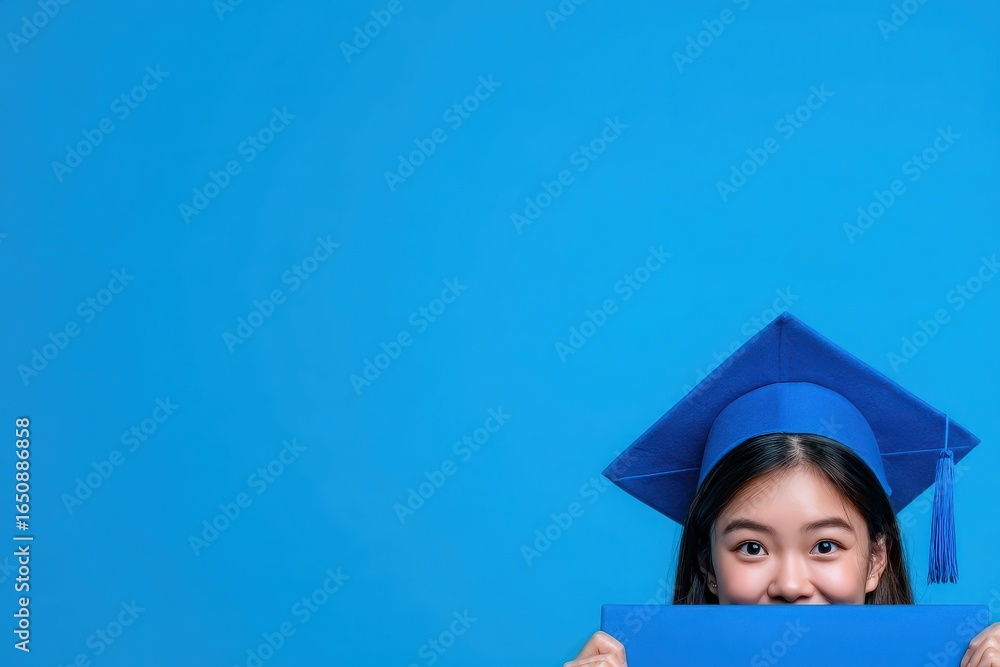 A young graduate proudly holds up her diploma while wearing a blue graduation cap. She smiles cheerfully, representing achievement and hope against a vibrant blue backdrop.