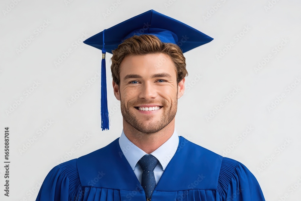 A man wearing a blue graduation cap and gown smiles confidently, showcasing his pride in completing his education. The backdrop is neutral, emphasizing his joyful expression.