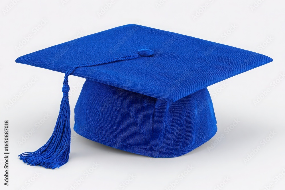 Bright blue graduation cap with a tassel sits on a plain background. The cap features a square shape and symbolizes academic achievement. It is ready for a graduation ceremony.