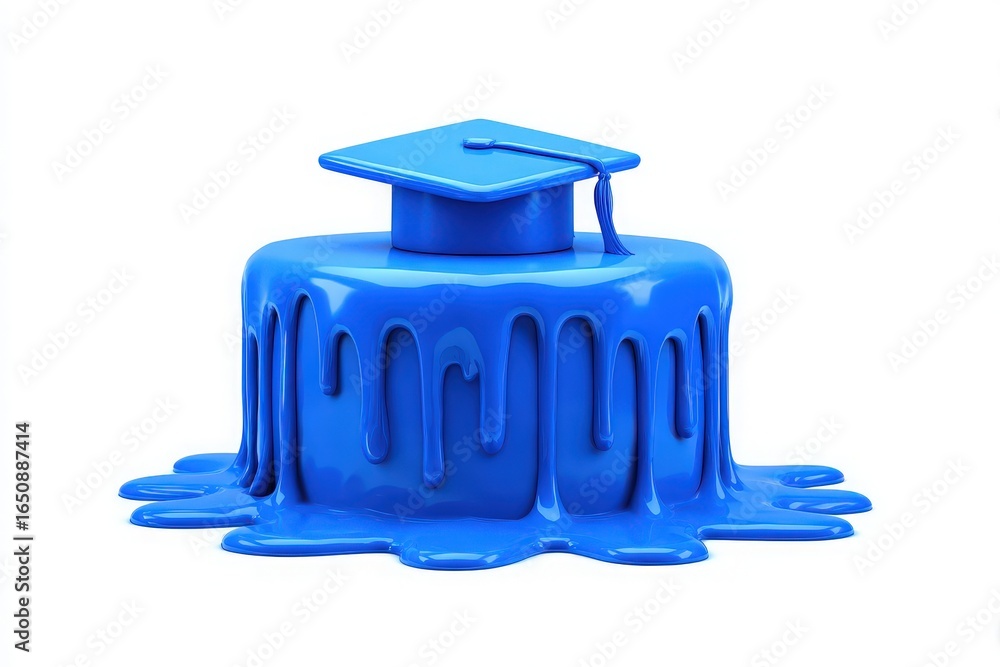 A vibrant blue graduation cap is melting atop a thick, glossy puddle of blue material. The setting suggests a playful blend of celebration and creativity, possibly related to graduation.