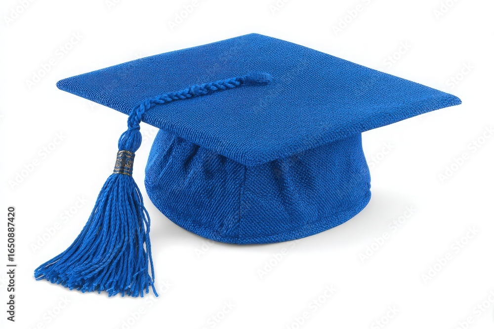 A bright blue graduation cap featuring a classic tassel is shown against a neutral background, symbolizing achievement and the completion of an academic journey, suitable for graduation ceremonies.