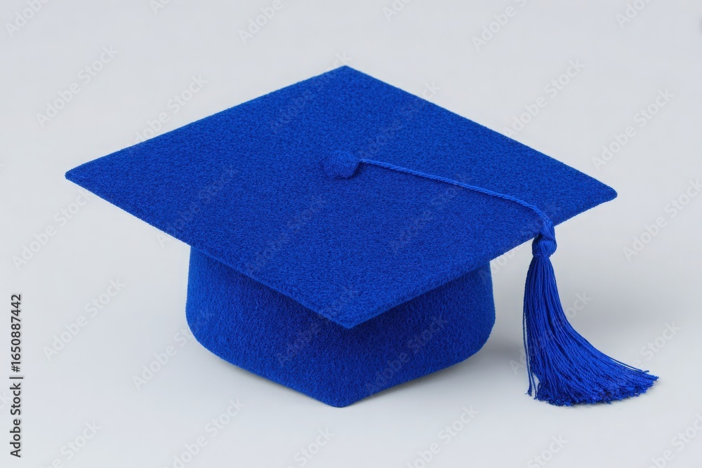 A bright blue graduation cap rests on a flat surface, showcasing its unique color and design. The cap is adorned with a long tassel, representing academic success and readiness for future challenges.