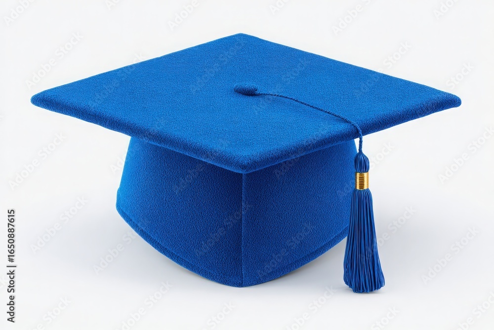 A vibrant blue graduation cap is displayed prominently against a simple background, representing educational milestones and celebrations. The tassel hanging adds a classic touch.