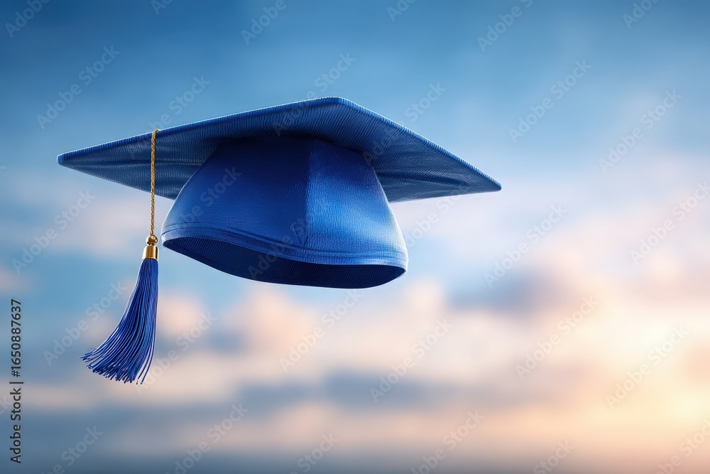 A blue graduation cap with a tassel floats against a backdrop of softly glowing clouds. This symbolizes success and the transition into a new chapter of life, celebrating educational milestones.