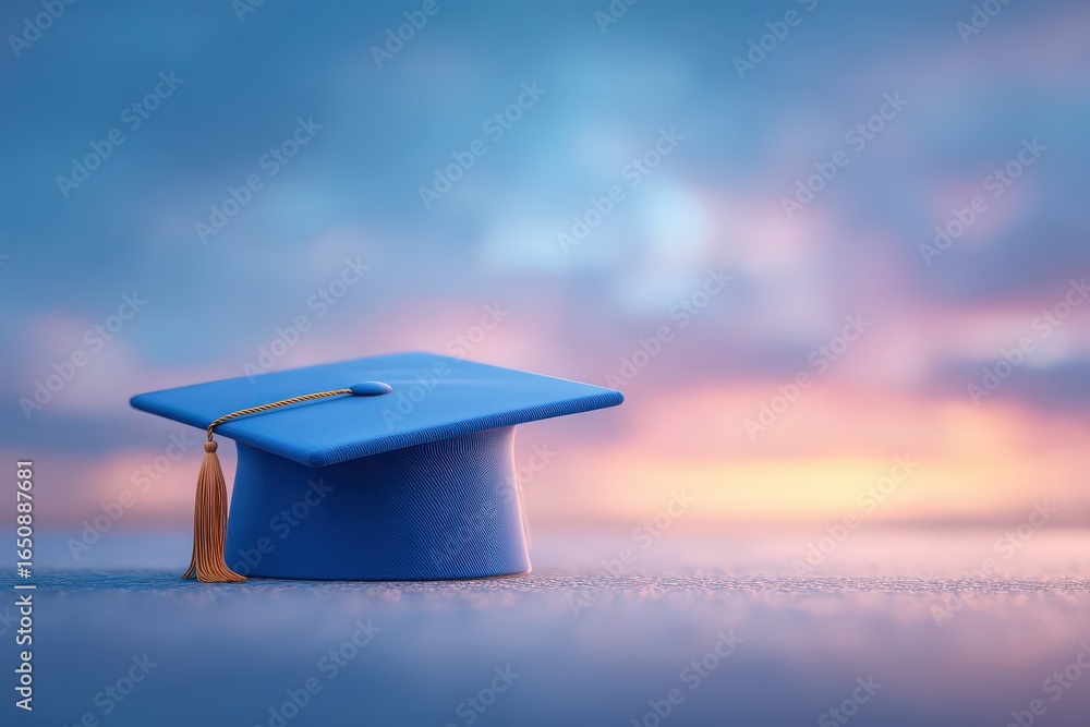 A blue graduation cap rests on a table against a stunning sunset backdrop, creating a serene and celebratory atmosphere. The colors in the sky enhance the moment of achievement.
