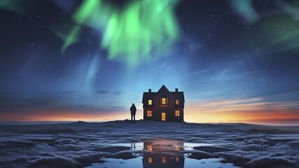 Wall Mural - Iceland Aurora Sunrise A Person and A House Pan R Generative AI