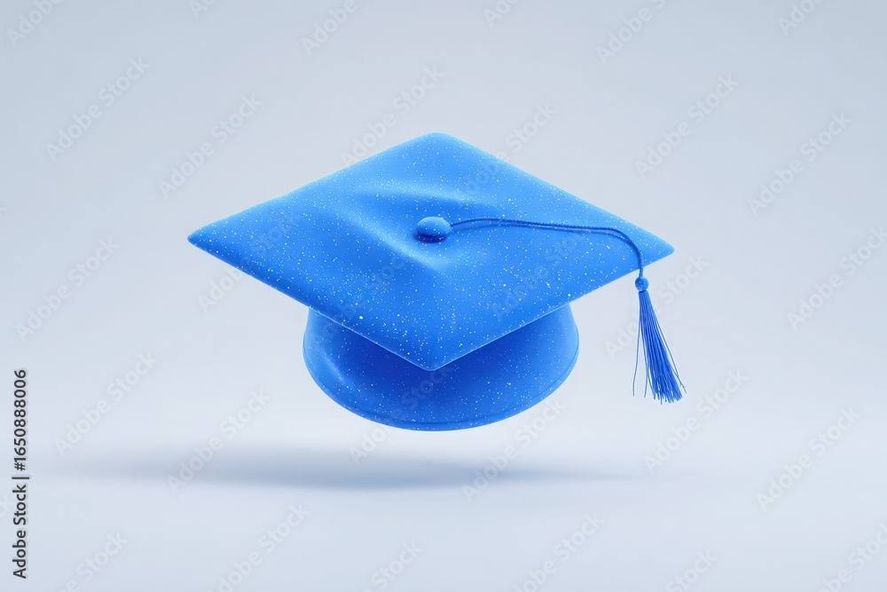 A bright blue graduation cap hovers mid-air, showcasing its smooth surface and neat tassel. The plain backdrop enhances the caps vibrant color, symbolizing achievement and celebration.