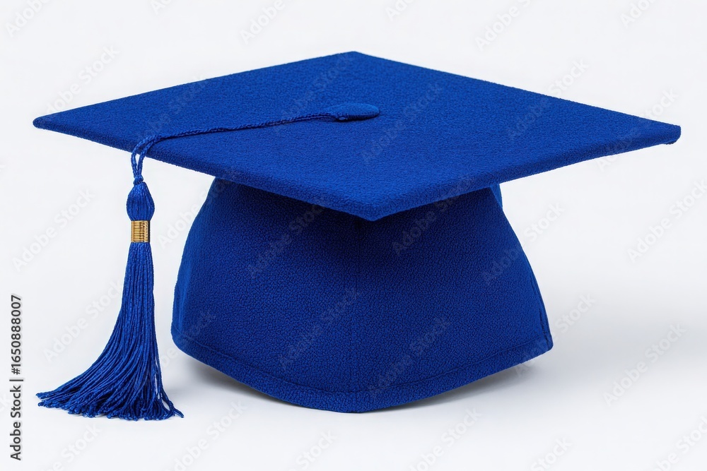 The bright blue graduation cap sits prominently, showcasing its smooth texture and long tassel. This cap symbolizes academic achievement and is perfect for graduation celebrations.