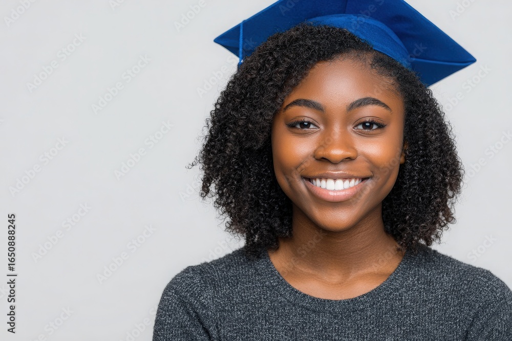 A young woman smiles brightly while wearing a graduation cap and a grey sweater. Her joyful expression captures the excitement of completing her education and celebrating a new beginning.