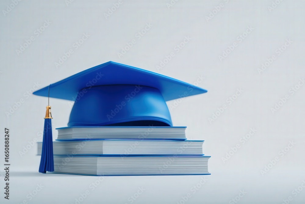 A blue graduation cap with a gold tassel is placed on a stack of several textbooks. The simple background enhances the focus on the academic symbols, signifying achievement.