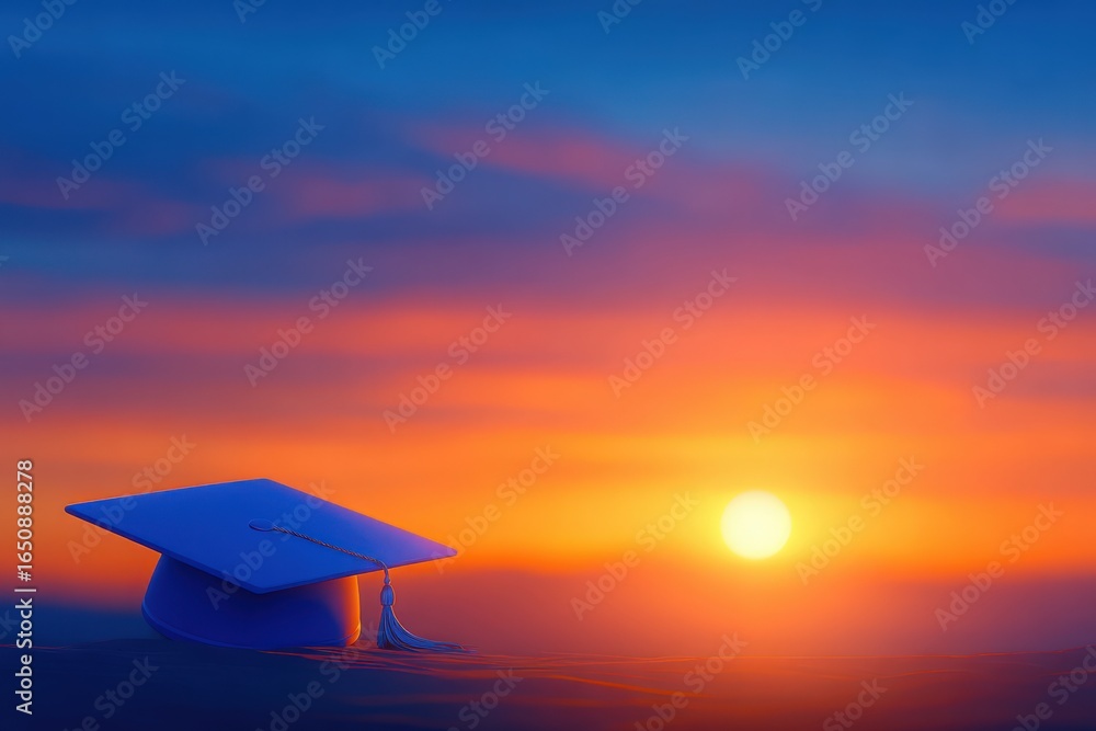 A graduation cap rests on a serene landscape as the sun sets, casting vibrant colors across the sky. This symbolizes achievement, celebration, and new horizons in life.