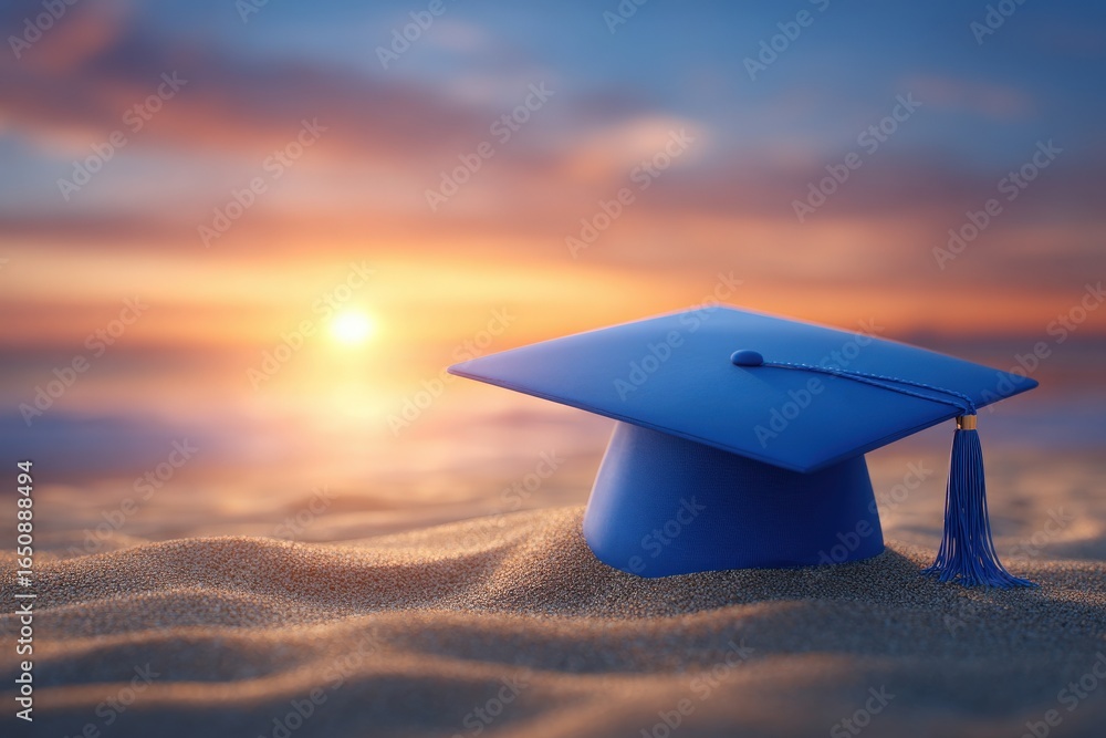 A blue graduation cap rests on golden sand with a stunning sunset in the background. The scene captures the essence of achievement and new beginnings by the sea.