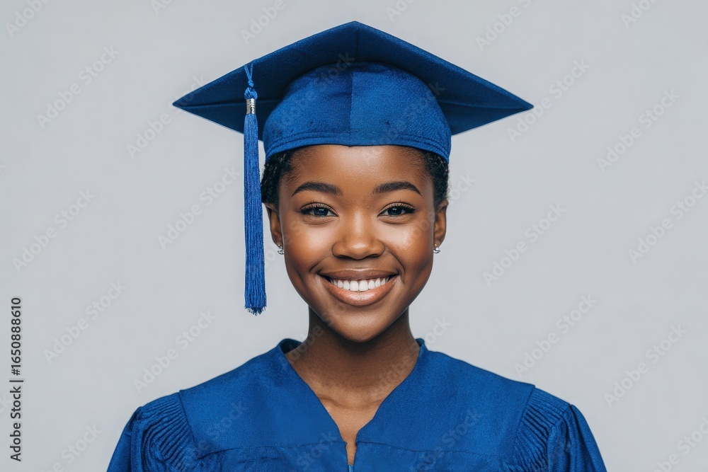 A young woman wearing a blue graduation cap and gown smiles confidently, showcasing her achievement. The plain background emphasizes her joyful expression and proud moment.