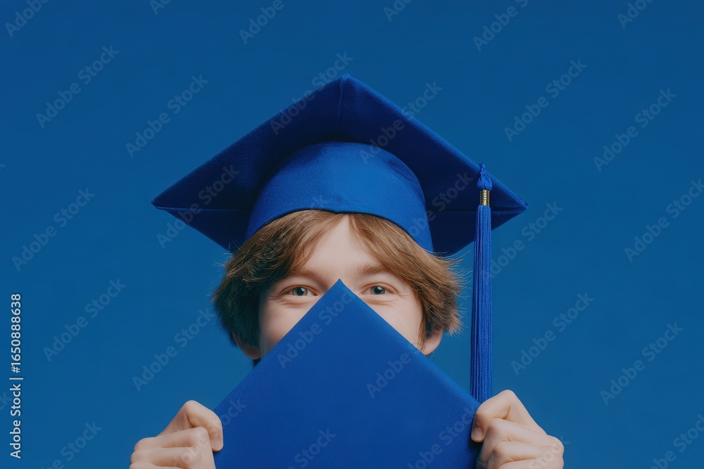 A young person holds a blue graduation cap, partially covering their face, while smiling. The bright blue background highlights their excitement and achievement at graduation.