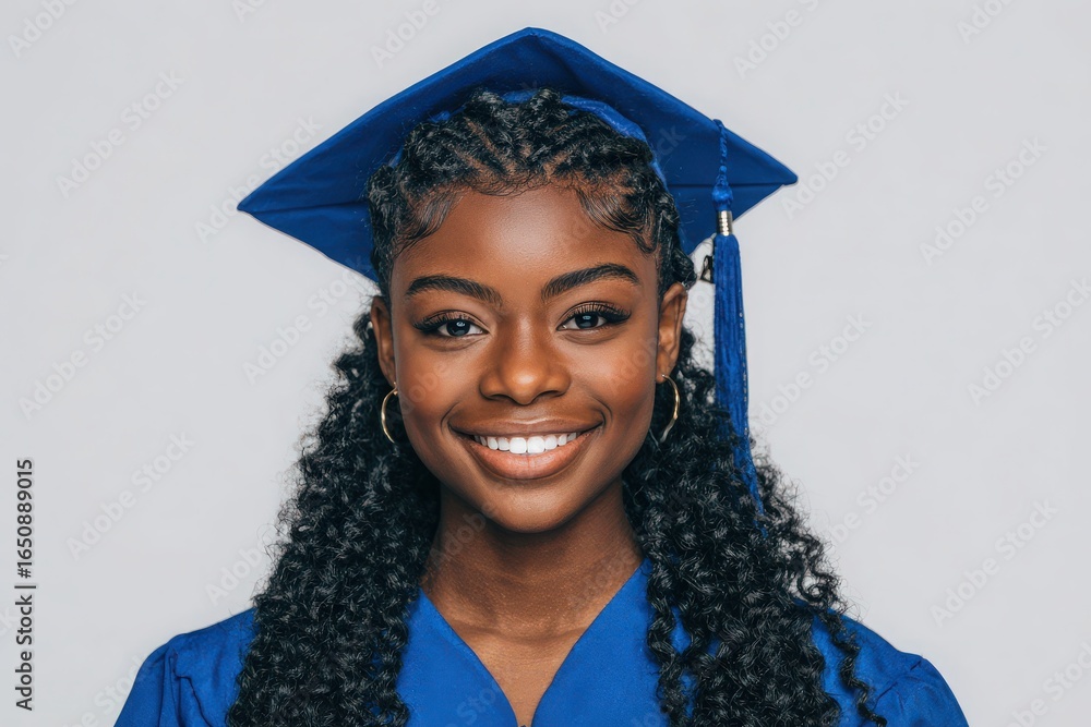 A young woman with curly hair beams with joy while wearing a blue graduation cap and gown. The clean background emphasizes her excitement about completing her education.