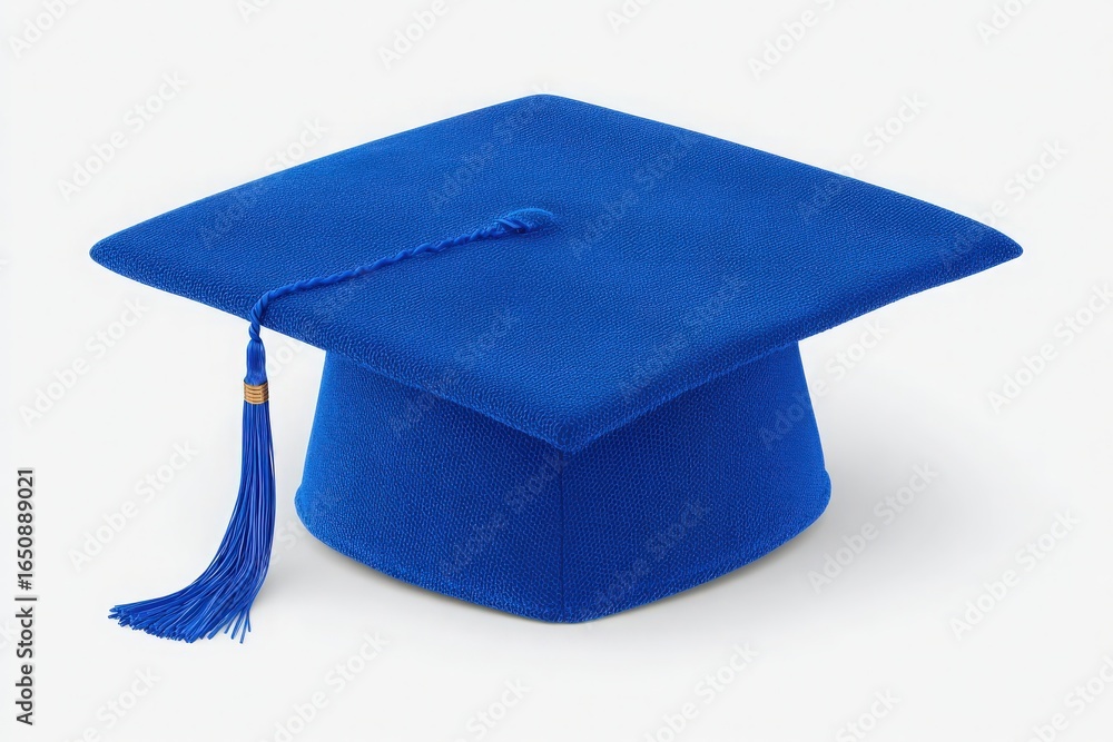 A vibrant blue graduation cap resting on a light background showcases the traditional headwear worn during graduation ceremonies, symbolizing accomplishment and success in education.