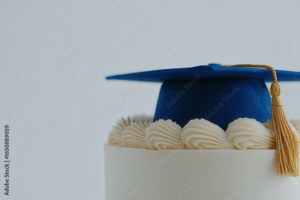A white cake decorated with creamy swirls and topped with a blue graduation cap, symbolizing a graduation celebration. Perfect for honoring academic achievements.