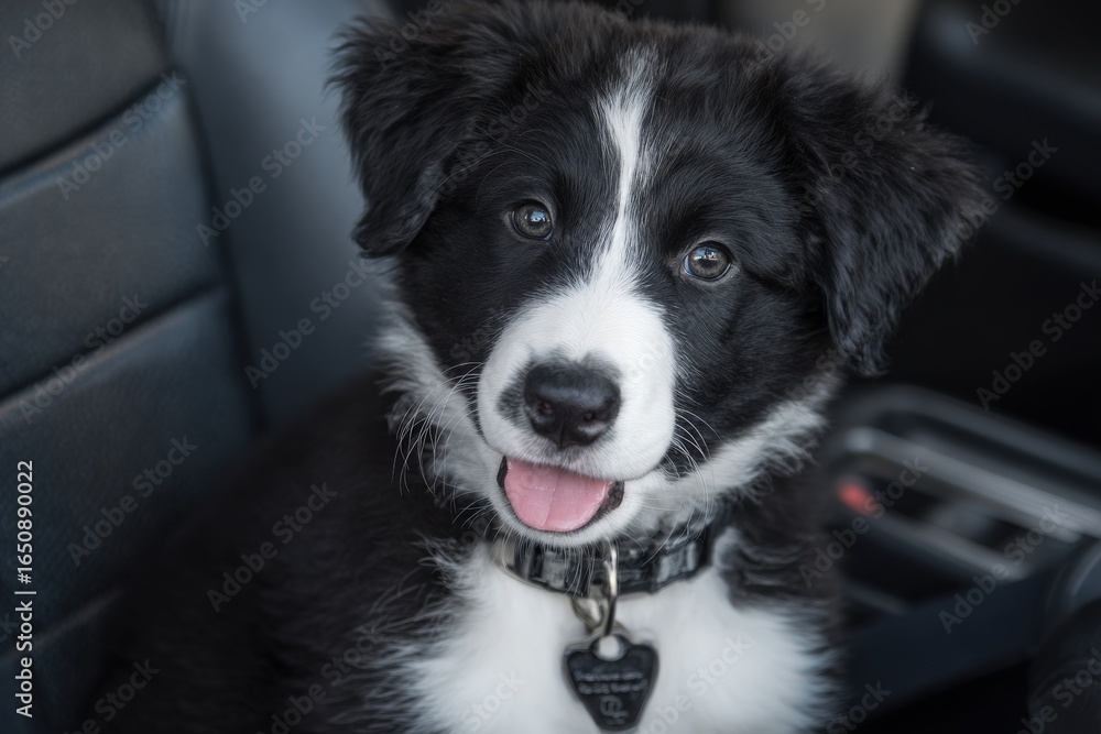 A playful black and white puppy sits in the front seat of a car, looking curiously at the camera. Its paws are resting on the leather seat, and it has an adorable expression with its tongue out.