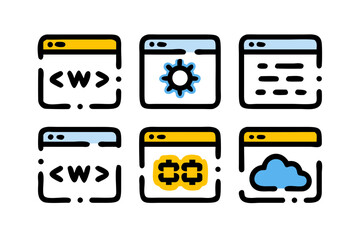 Six different illustrative app icons representing web development tools and cloud technologies are shown in colorful modern design.