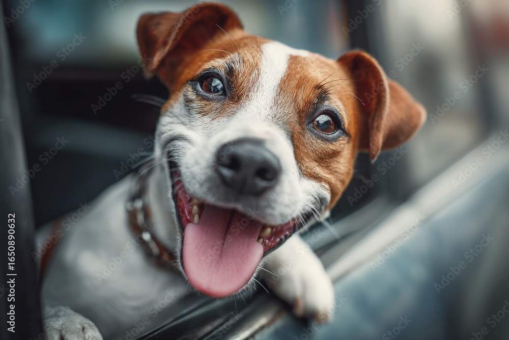 A cheerful dog with a brown and white coat sticks its head out of a car window, tongue out and eyes sparkling. The sun shines brightly, highlighting its playful expression.