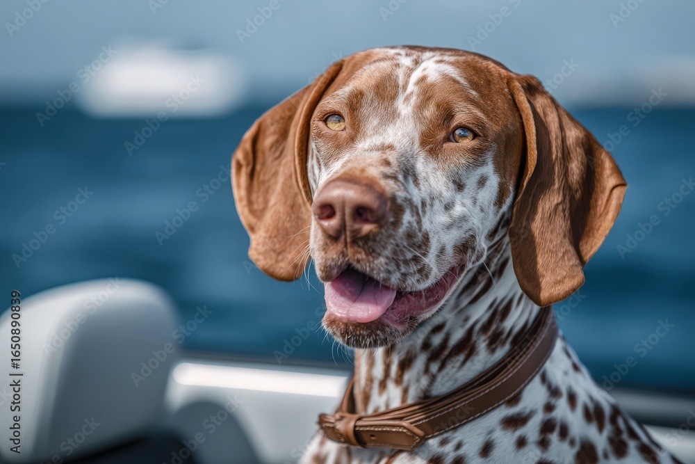 A joyful dog with a brown and white spotted coat sits onboard a boat, gazing at the blue ocean on a sunny day. The dog appears relaxed, enjoying the breeze and surroundings.