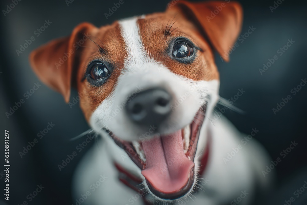 A lively dog with a brown and white coat eagerly smiles, showcasing bright eyes and a happy demeanor. This cheerful moment is captured in a cozy indoor environment, radiating warmth.
