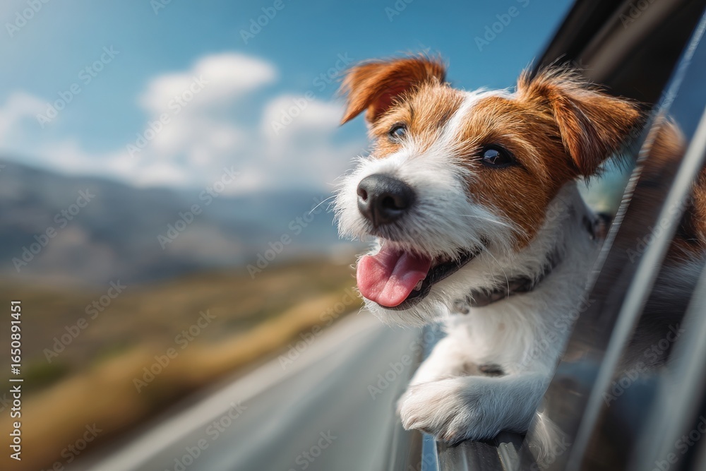 A playful dog sticks its head out of a car window, smiling with its tongue out while enjoying a sunny day. The landscape features rolling hills and a clear blue sky, creating a joyful atmosphere.