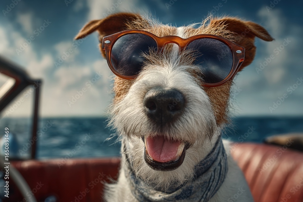A joyful dog with fluffy fur and sunglasses sits in a boat, grinning widely. The bright blue ocean and sky make a vibrant backdrop, creating a cheerful atmosphere of adventure and fun.