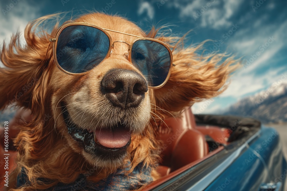 A joyful golden retriever wearing sunglasses leans out of a convertible car. Its fur blows in the wind as the stunning landscape of mountains and clouds provides a picturesque backdrop.