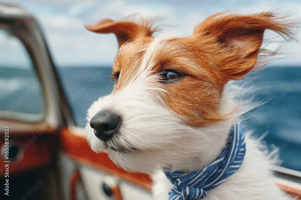 A joyful dog with a tri-colored coat and a blue bandana gazes into the sea breeze while on a boat. The vibrant coastal waters and blue sky provide a perfect backdrop for this scenic trip.