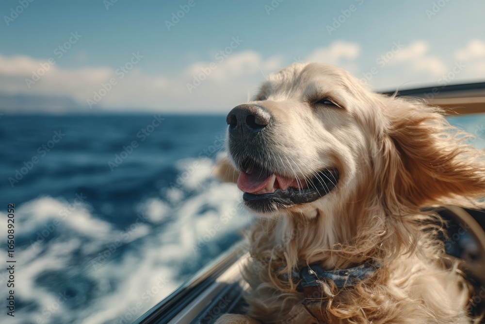 A golden retriever with its fur blowing in the wind sits happily on a boat. The dog enjoys the sun and sea breeze as waves splash around. The sky is bright and clear, enhancing the joyful atmosphere.