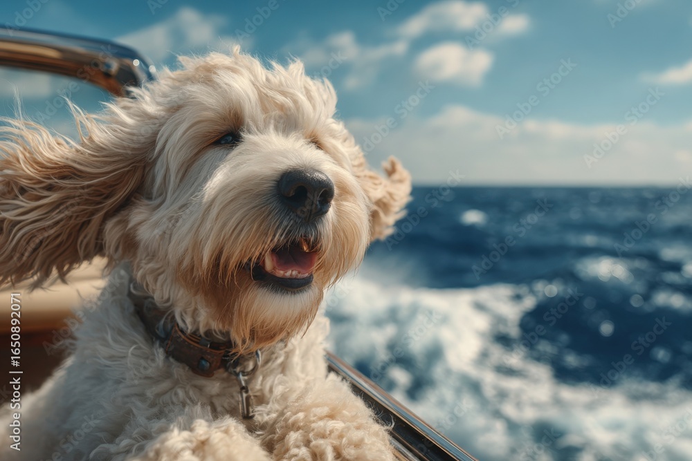 A fluffy dog enjoys the sea breeze with its fur blowing in the wind while riding on a boat. The bright blue ocean sparkles under the sun, creating a joyful atmosphere during the trip.