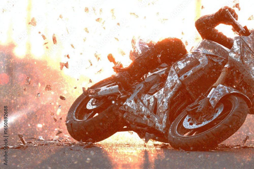 A motorcycle crashes on the road, sending debris flying into the air. The setting sun casts a vibrant glow, enhancing the intensity of the moment. The rider appears to be falling with the bike.