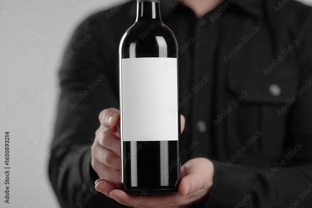A person in a black shirt presents a wine bottle with a blank label against a gray background. The focus is on the bottle being offered. This captures a moment of sharing or gifting.