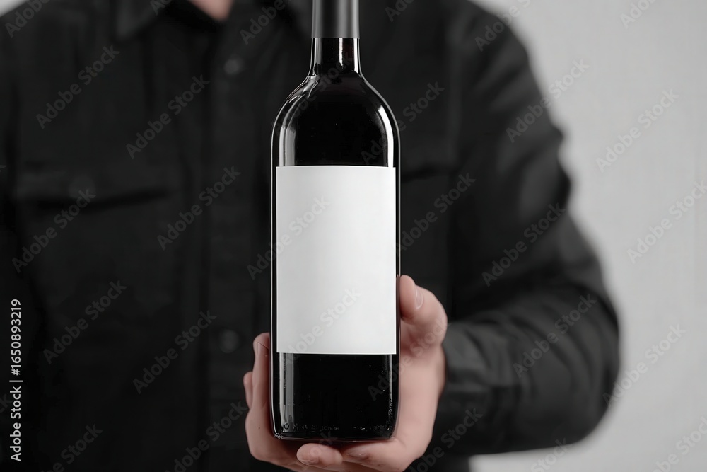 A person in a black shirt is holding a wine bottle featuring a plain white label. The background is simple and neutral, emphasizing the bottles content without distractions.