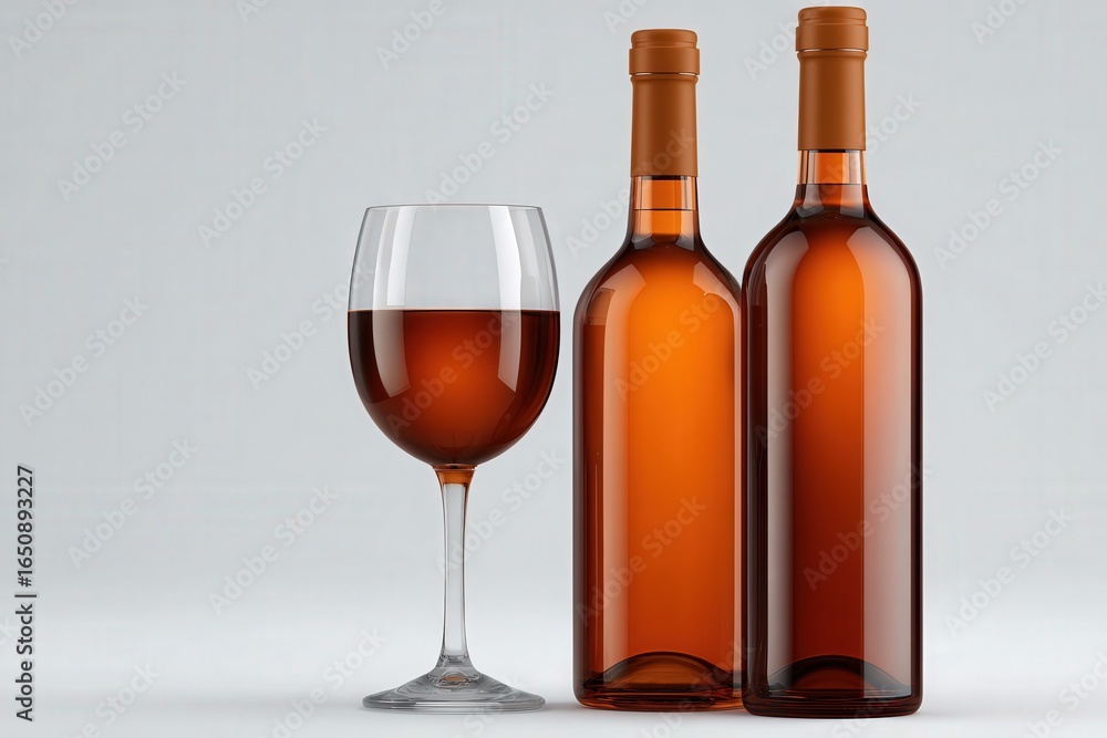 Two bottles of rose wine stand beside a filled glass on a light-colored background. The glass showcases the wines delicate pink hue, highlighting its clarity and shine.